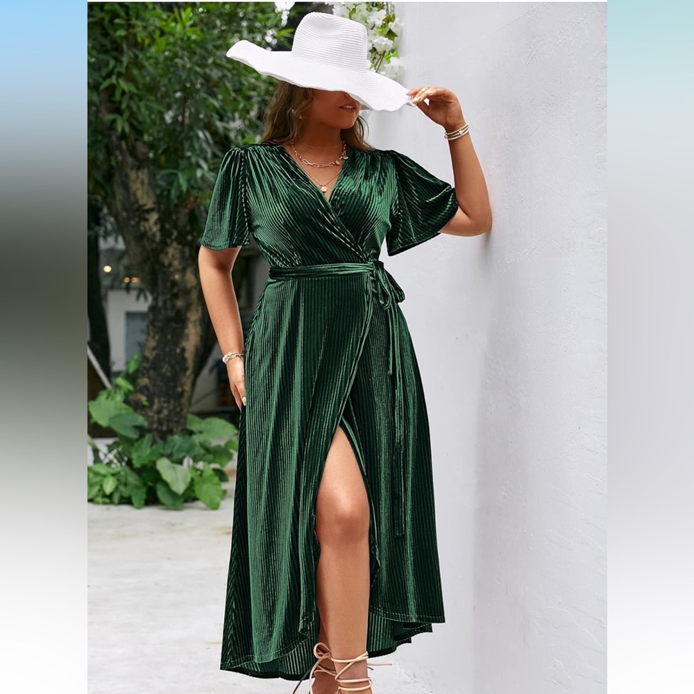 Simple Green Maxi Wrap Dress with Flutter Sleeves